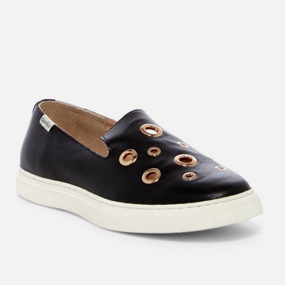 Sylvia Noster Smoking Black Leather Gold Grommet Slip On Sneakers